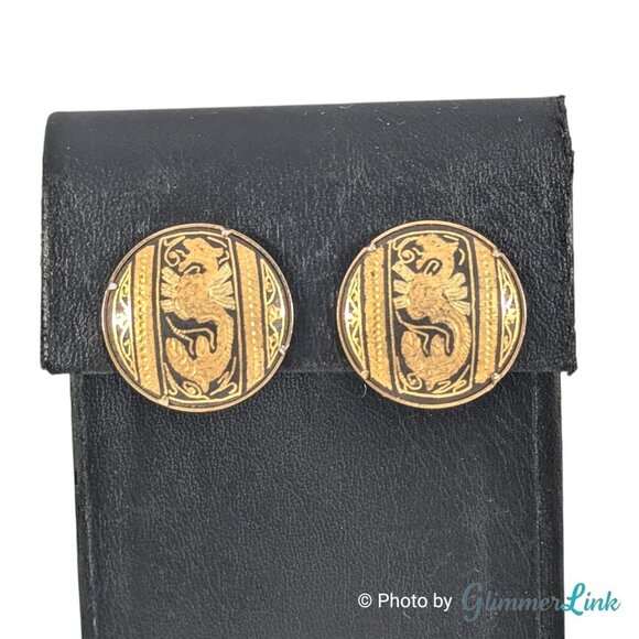 Vintage Damascene Dragon Round Button Gold Tone Clip On Earrings - Picture 3 of 10